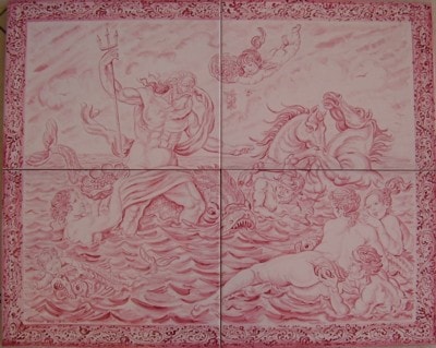 Ceramiche d-Arte di Albisola - Scena mitologica raffigurante Nettuno, che esce dal mare. Decorate in rosa.